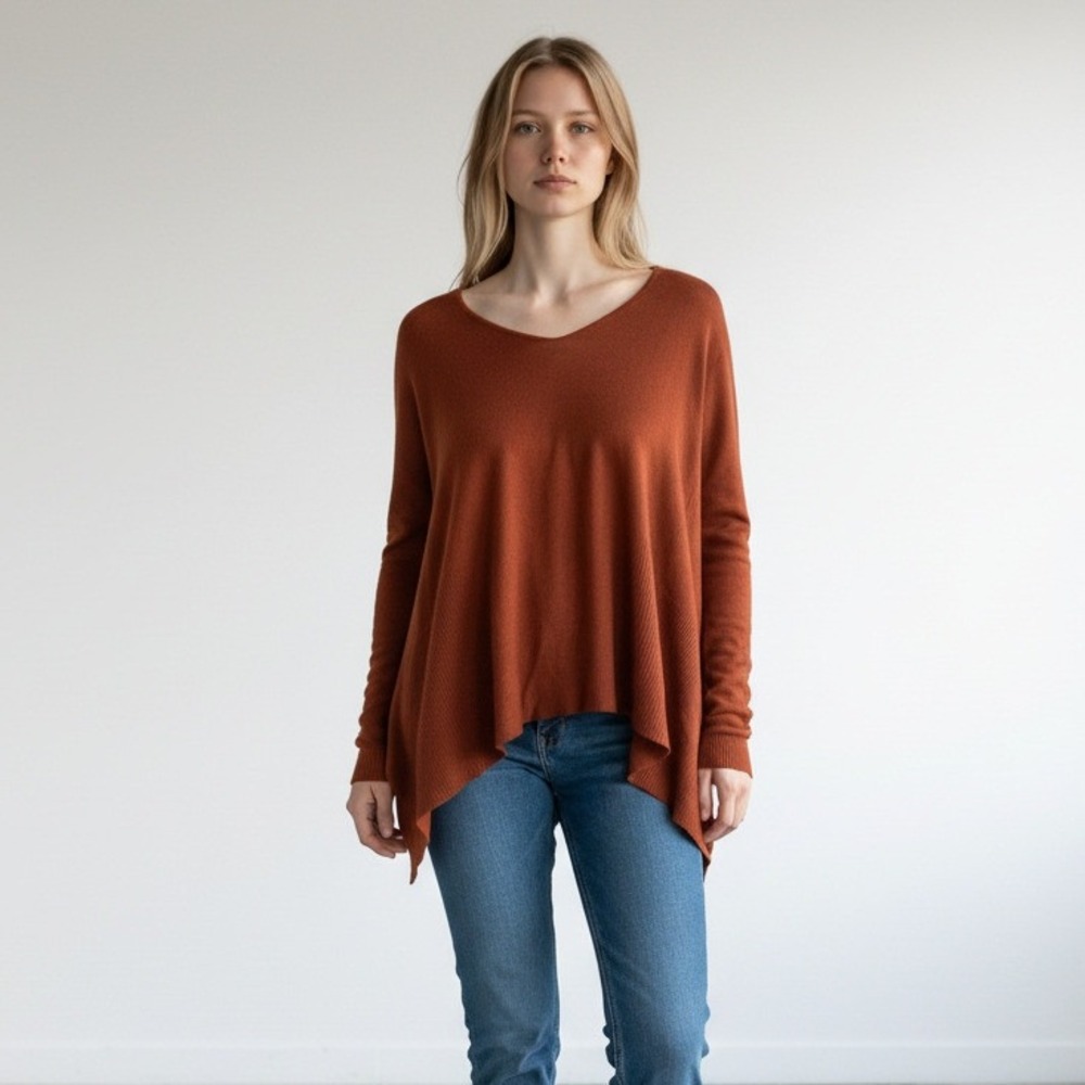Shae Silk‎ Cashmere Blend Top Rust Orange Asymmetrical Hem Long Sleeve Shirt S